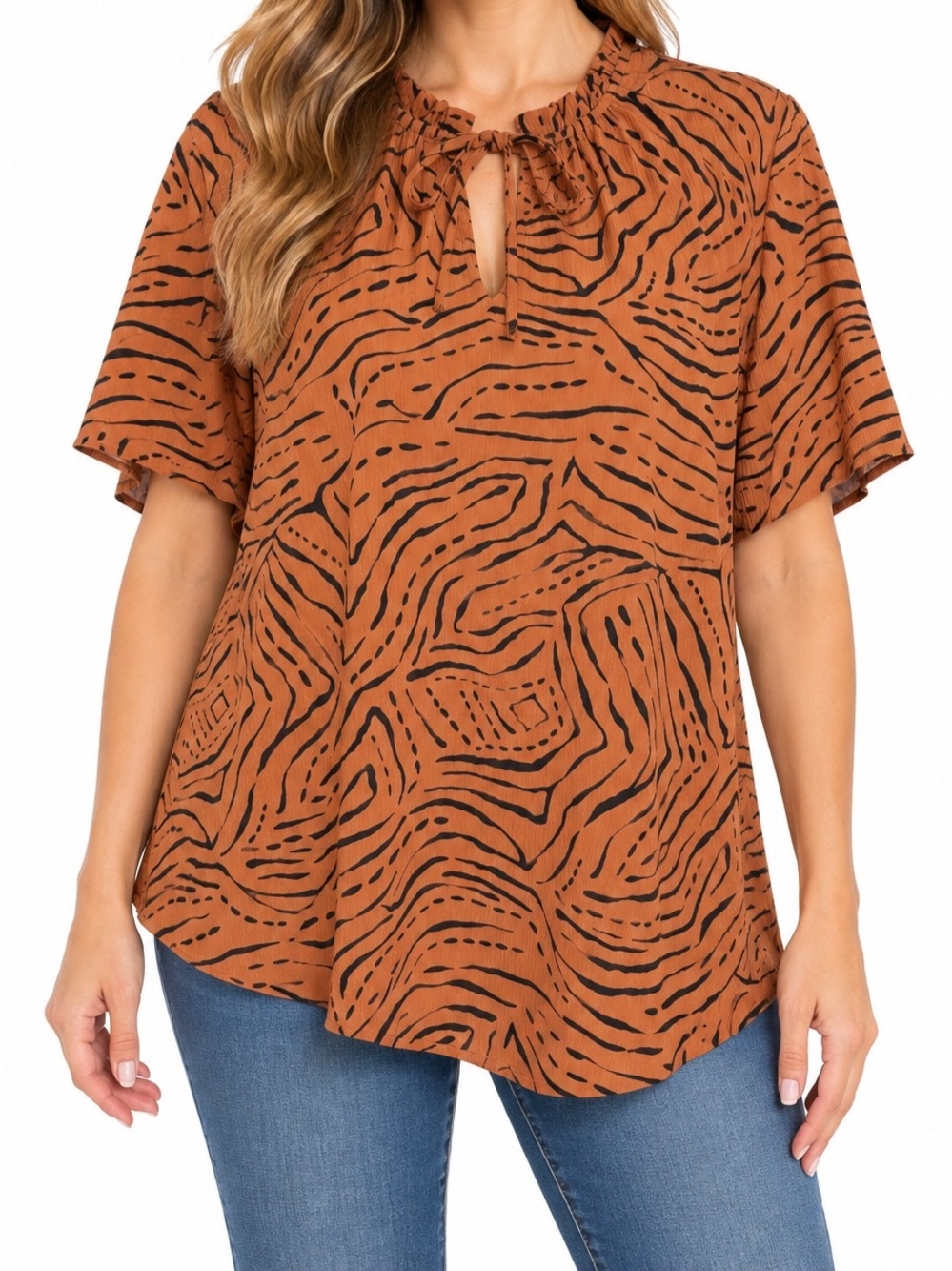 Nine West Rust Animal-Print Tie-Neck Top NWT